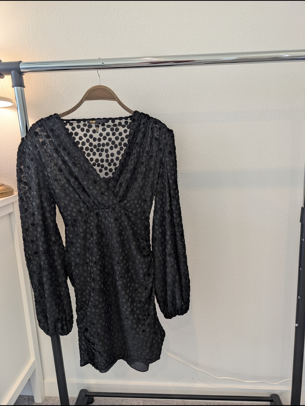 Maje Black Polka Dot Mini Dress with V-Neck